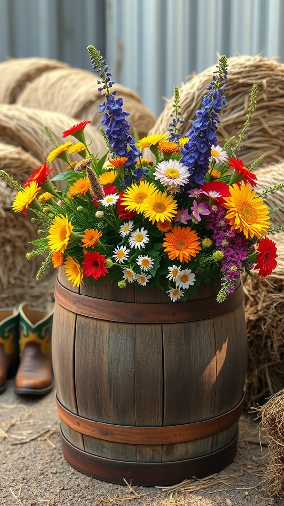 A rustic barrel filled with colorful wildflowers, set against a backdrop of hay bales and cowboy boots.