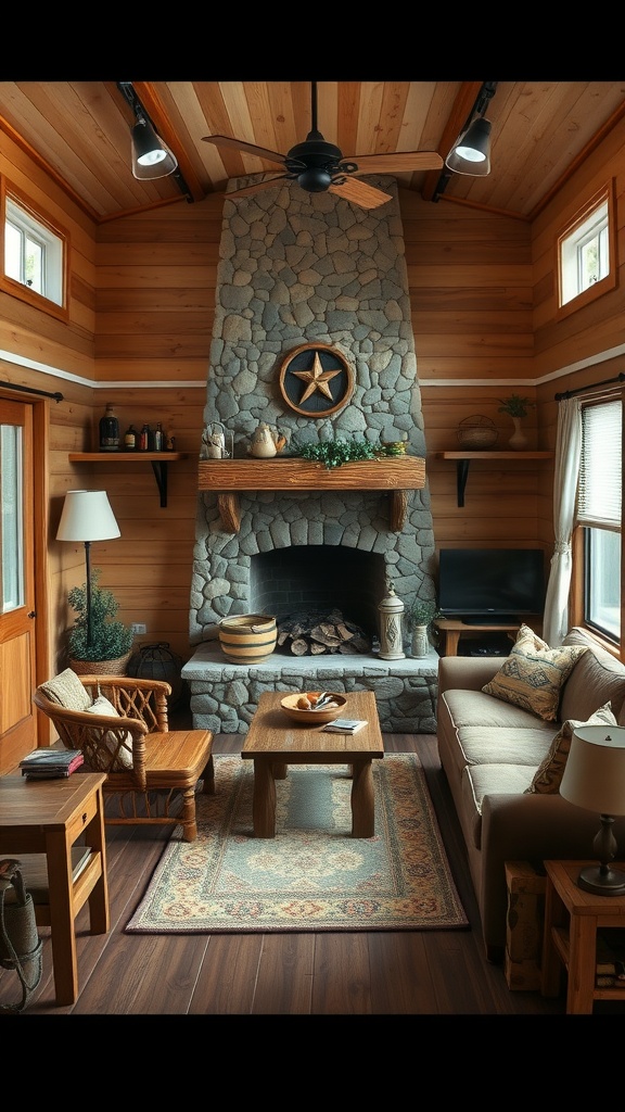 Cozy living room with wooden accents and a stone fireplace