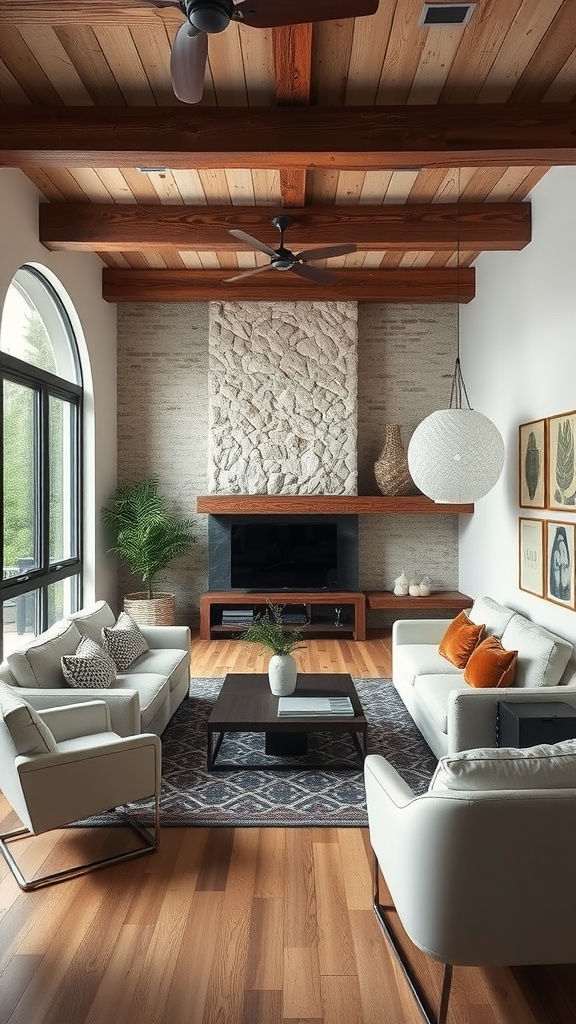 A cozy living room featuring wooden beams, modern furniture, and a stone wall.