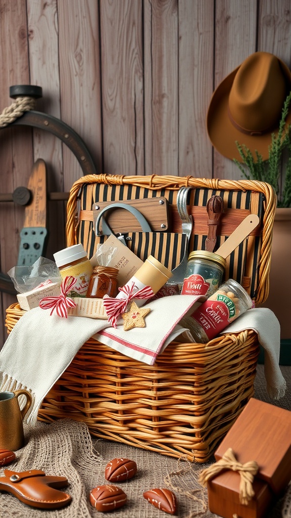 A rustic picnic basket filled with treats, including jars, cookies, and utensils, set against a wooden backdrop.