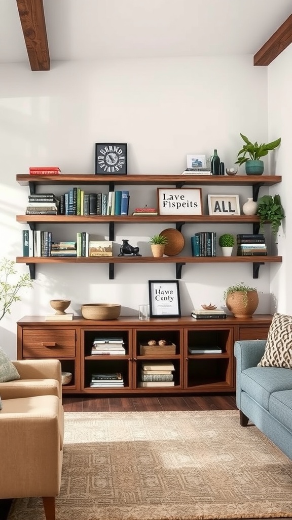 A cozy living room featuring rustic shelving units with books, plants, and decorative items.