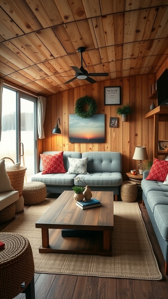 Cozy trailer house living room with rustic wood accents, featuring wooden walls, gray sofas, and a wooden coffee table.