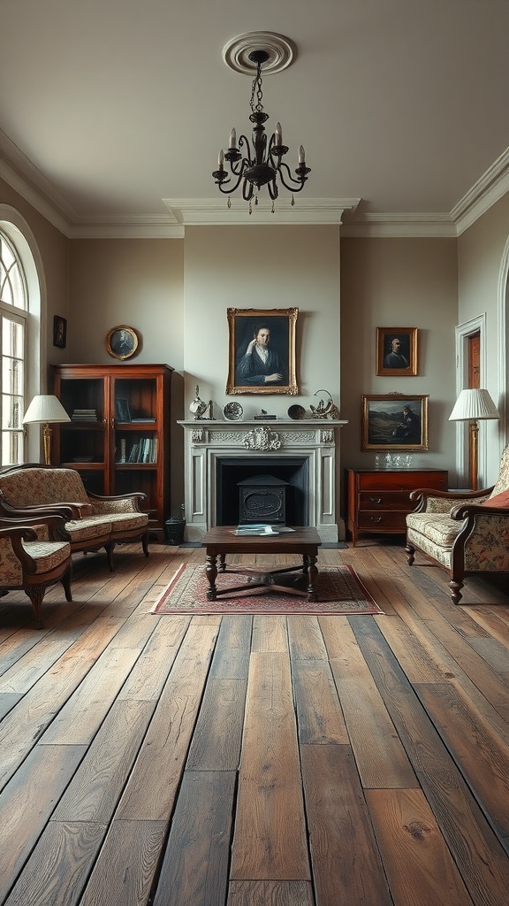 A rustic living room with wooden floors, elegant furniture, and classic decor.