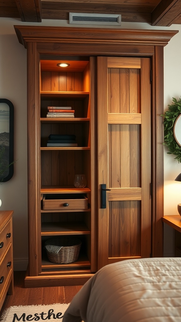 A rustic wood wardrobe with open shelving and integrated lighting, featuring a warm wood tone.