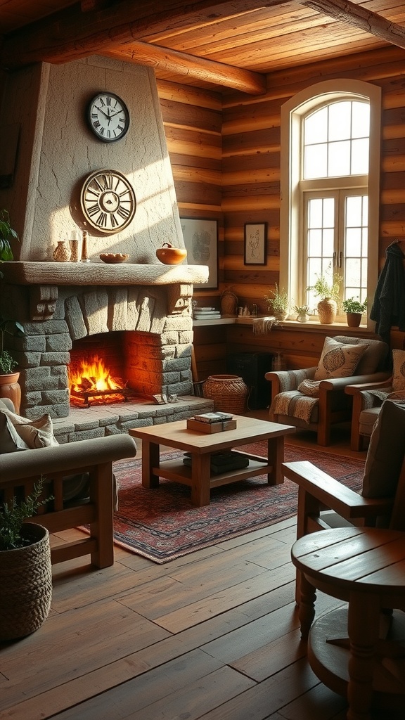 A cozy rustic living room featuring wooden furniture and a stone fireplace.