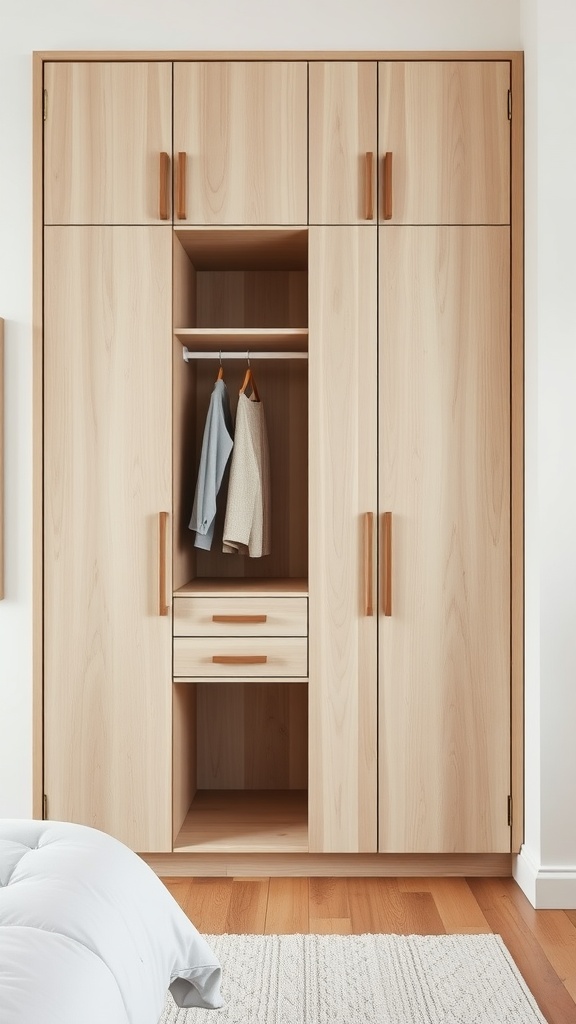 Scandinavian style wardrobe in light wood finish with hanging space and drawers