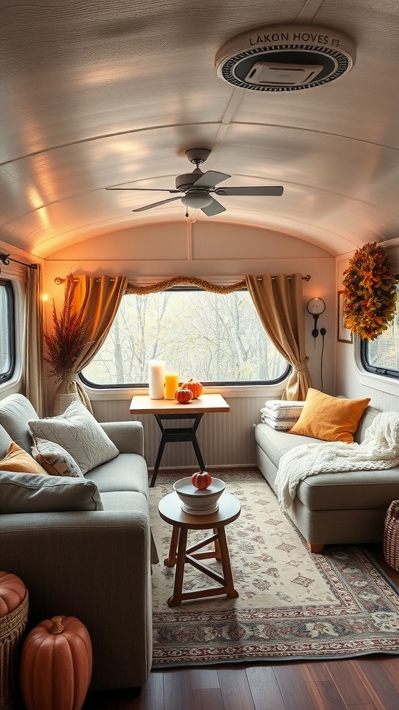 A cozy trailer house living room decorated for autumn with pumpkins, soft pillows, and warm lighting.