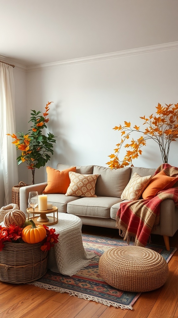 Cozy living room decorated for autumn with orange leaves, a pumpkin, and warm textiles.