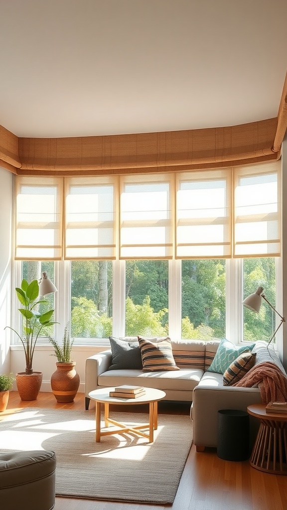 Cozy living room with large windows and simple window treatments