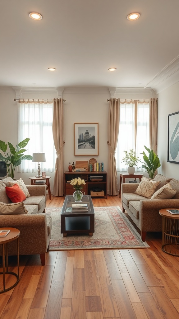 A cozy living room with two sofas, a coffee table, and plants, featuring a simple layout.