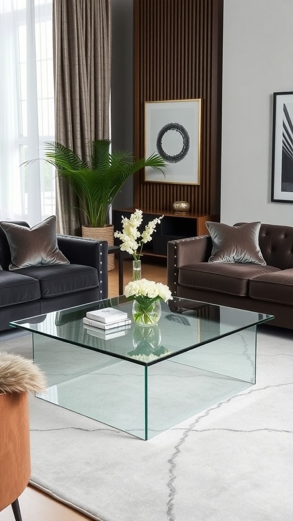 A sleek glass coffee table with flowers and books in a stylish living room setting.