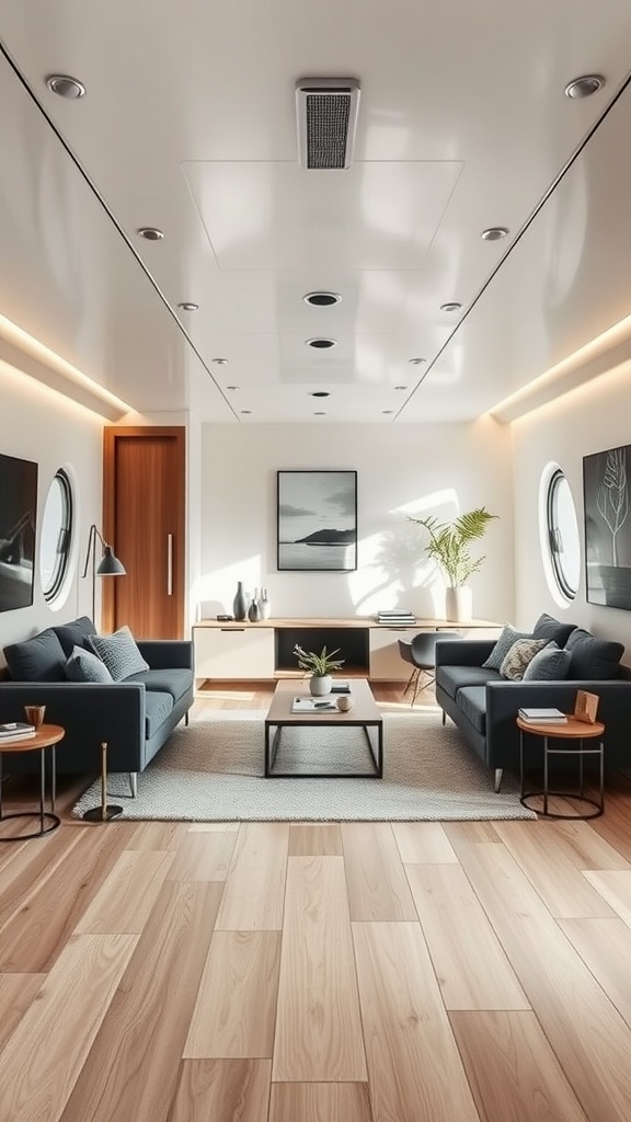 A modern trailer house living room with dark blue sofas, wooden flooring, and minimalist decor.