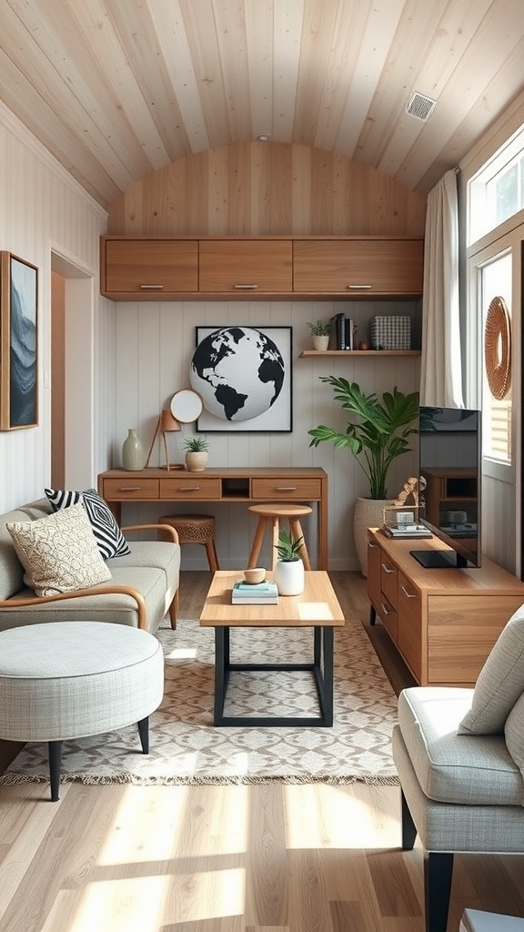 Cozy mobile home living room featuring functional furniture and smart space-saving solutions