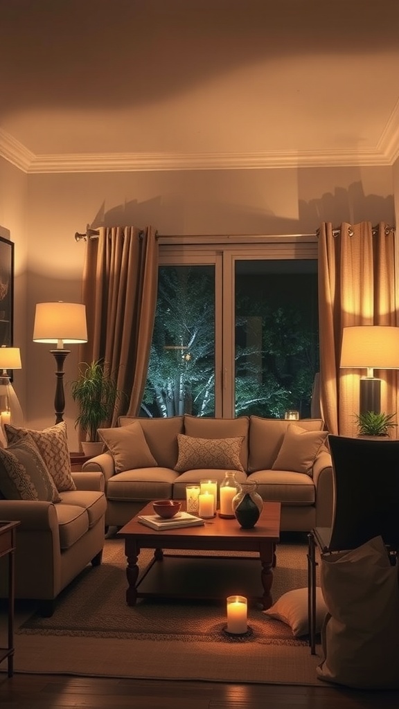 A cozy living room with soft lighting from lamps and candles, featuring a comfortable sofa and wooden coffee table.