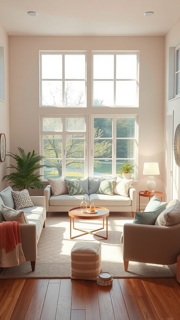 A cozy mobile home living room featuring soft pastel colors, large windows, and natural light.