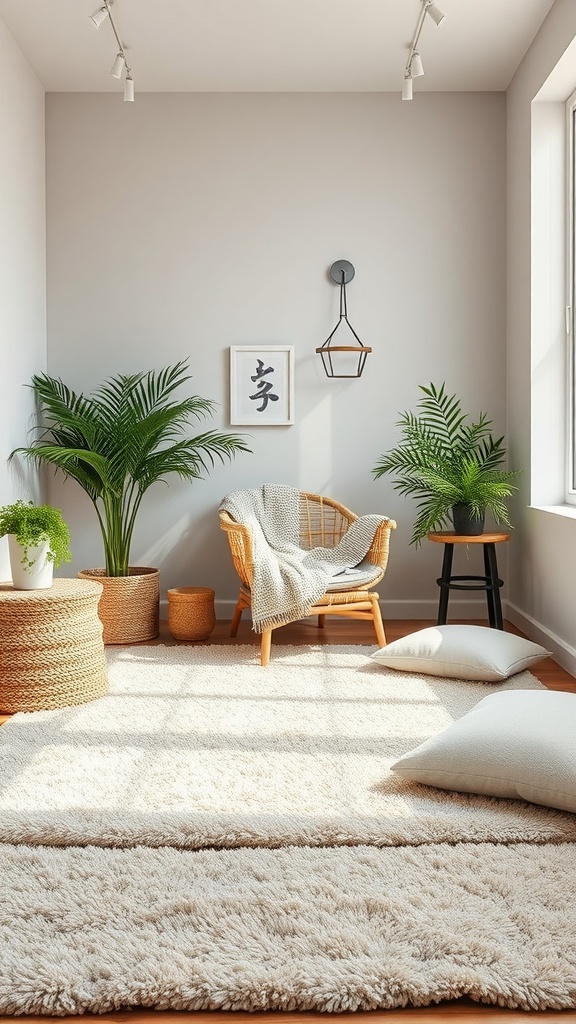 A cozy room with soft textured rugs, a chair, and indoor plants.