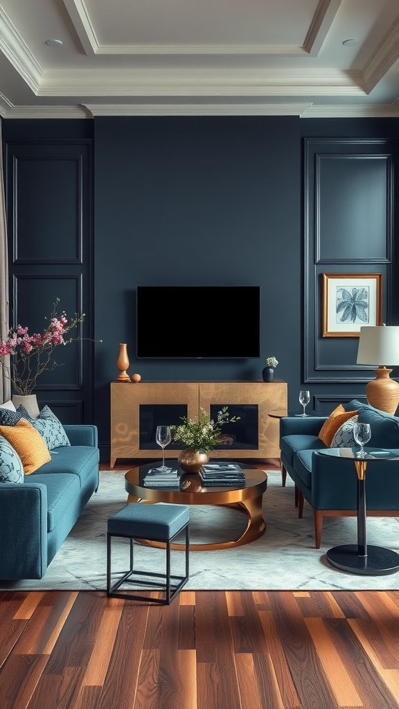 Elegant living room featuring dark blue walls, teal sofas, gold accents, and wooden flooring