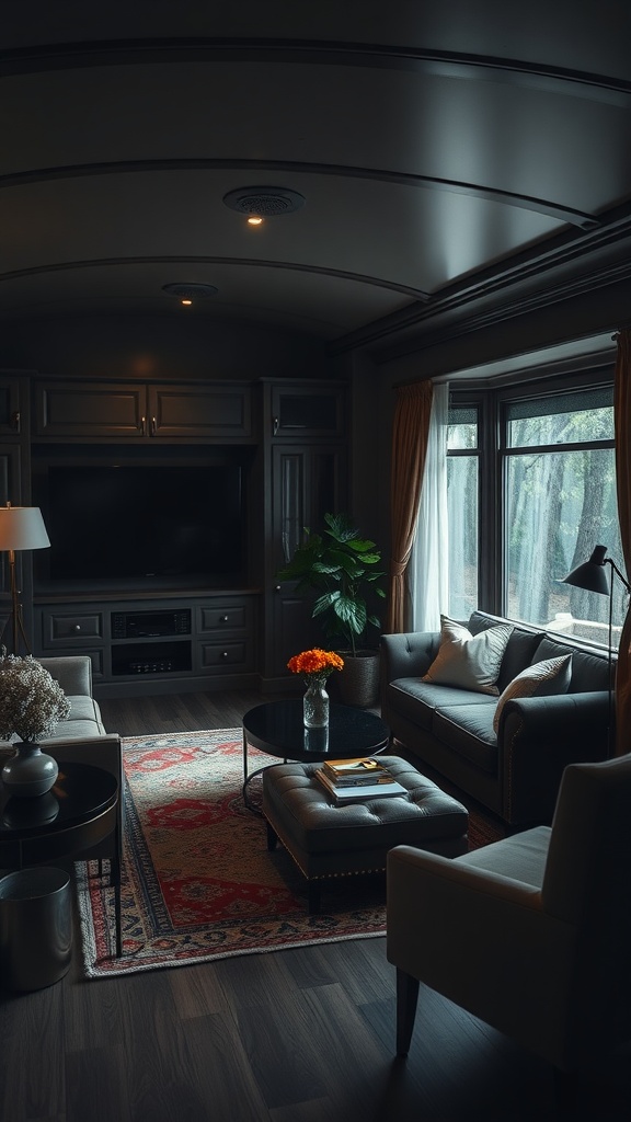 A sophisticated living room in a trailer house featuring dark walls, light furniture, and a cozy arrangement.