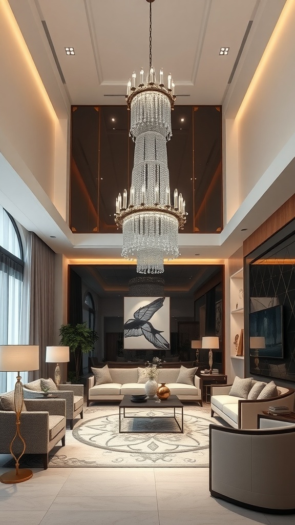 Elegant living room featuring a grand chandelier and stylish furniture