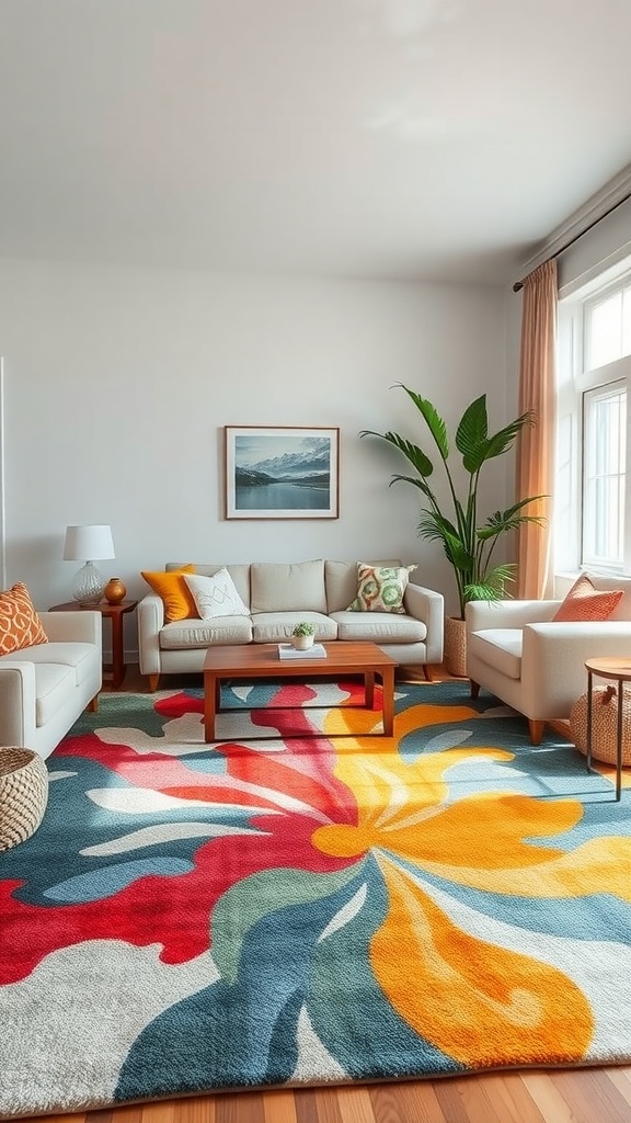 A cozy living room featuring a colorful floral area rug, light sofas, and a wooden coffee table.