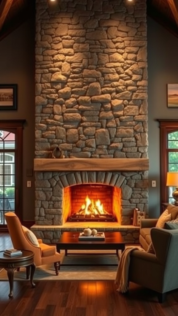 A cozy living room featuring a stone fireplace with a wooden mantel, surrounded by comfortable seating.