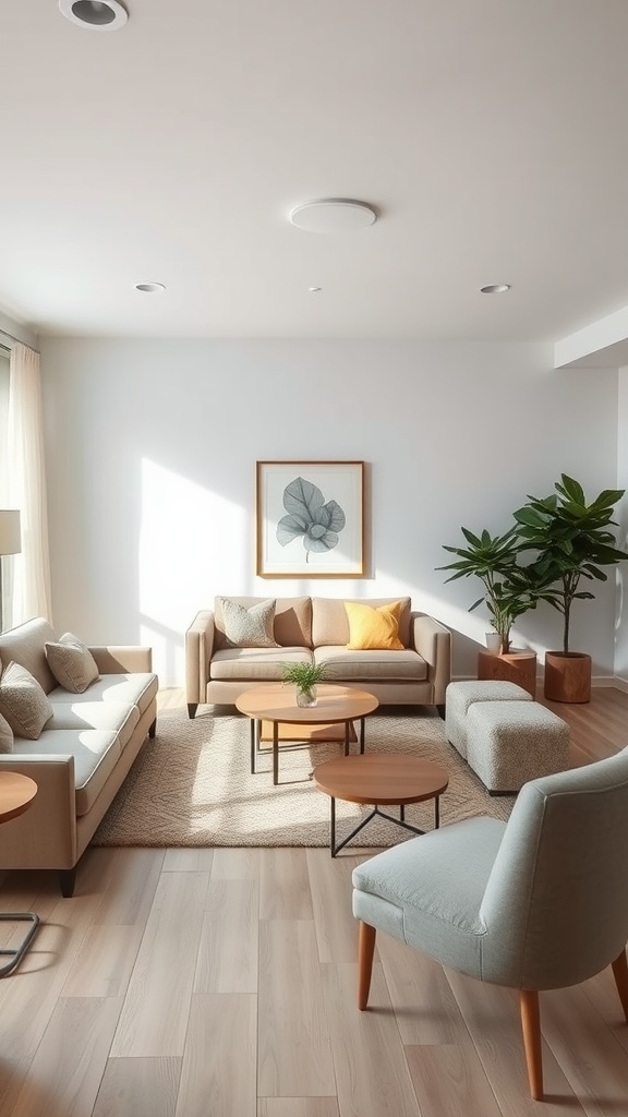 A cozy living room with two sofas, a coffee table, and plants, designed for comfort and flow.