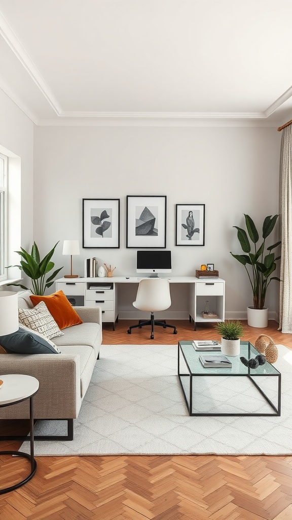 A chic home office corner featuring a desk, computer, and stylish decor in a mobile home living room.