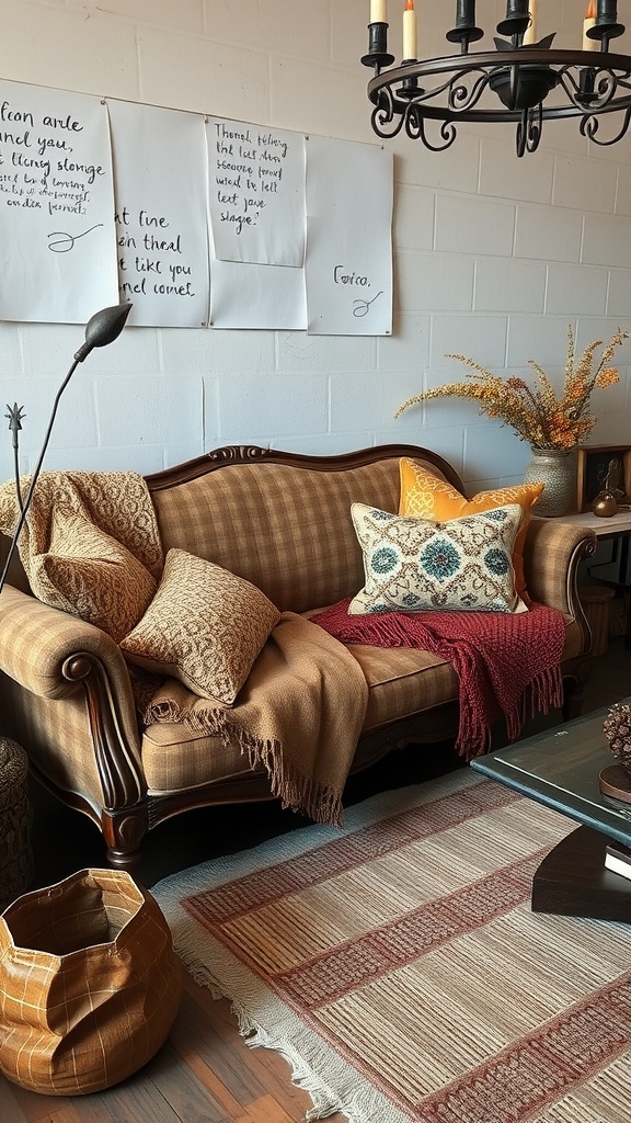 A cozy living room with textured fabrics, earthy tones, and a warm inviting atmosphere.