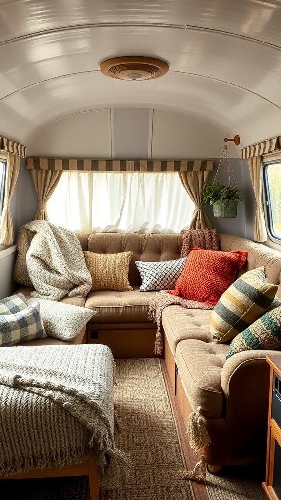 A cozy trailer house living room featuring a comfortable sofa with various textured fabrics, colorful cushions, and natural light coming through the window.