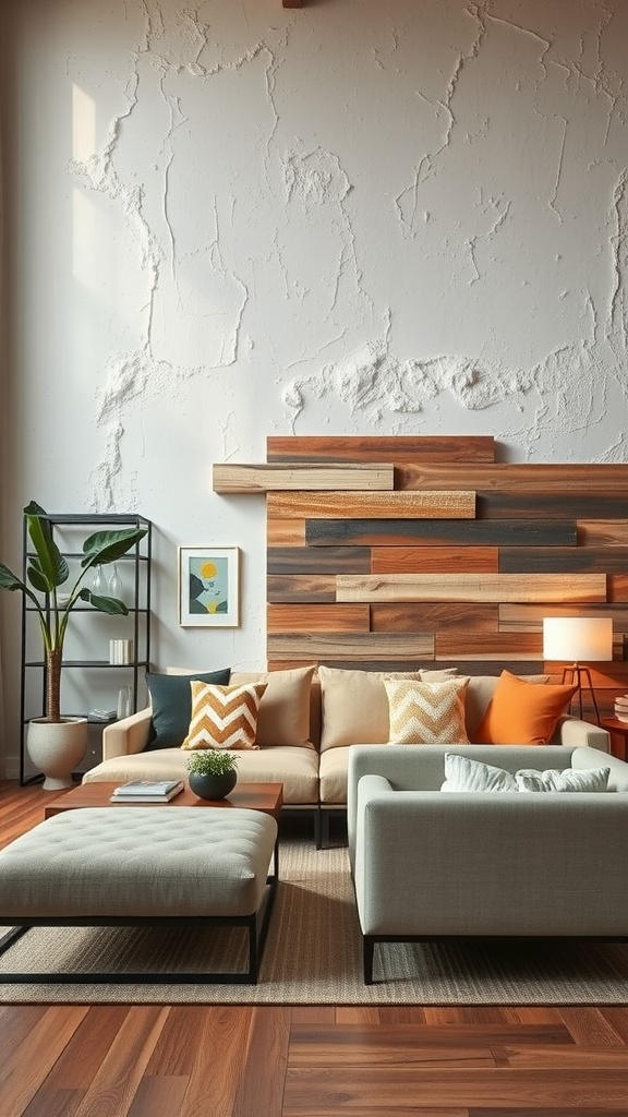 A living room featuring textured wall finishes with a wood accent wall, comfortable seating, and decorative pillows.