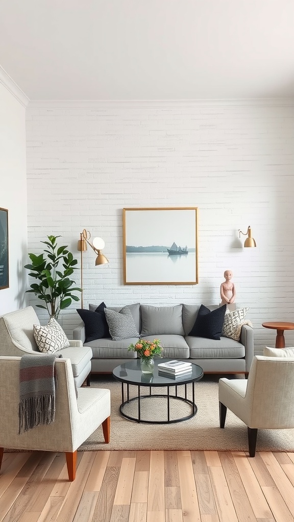 A cozy living room featuring a textured white brick wall, stylish furniture, and decorative elements.