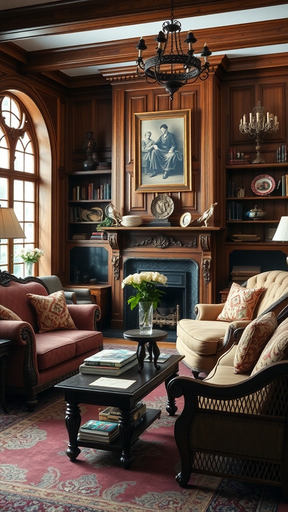 A cozy English living room featuring oak furniture, elegant decor, and a warm ambiance.