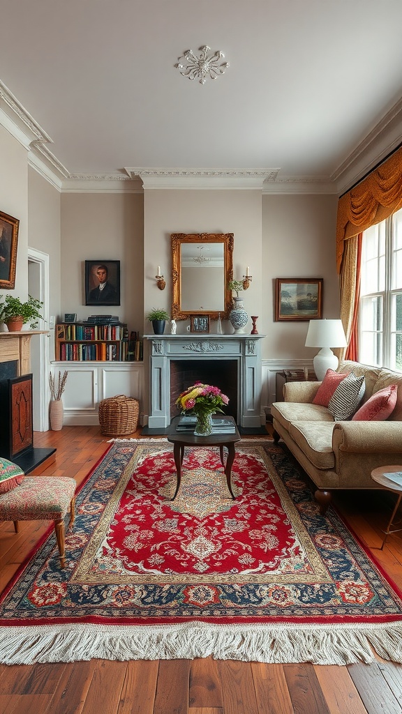 Traditional English living room with a richly patterned red area rug, cozy sofa, and classic decor.