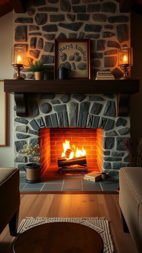 A cozy traditional hearth with a stone fireplace, wooden mantel, and warm lighting.