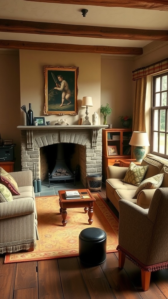 A cozy traditional English living room with a fireplace, comfortable seating, and warm decor.