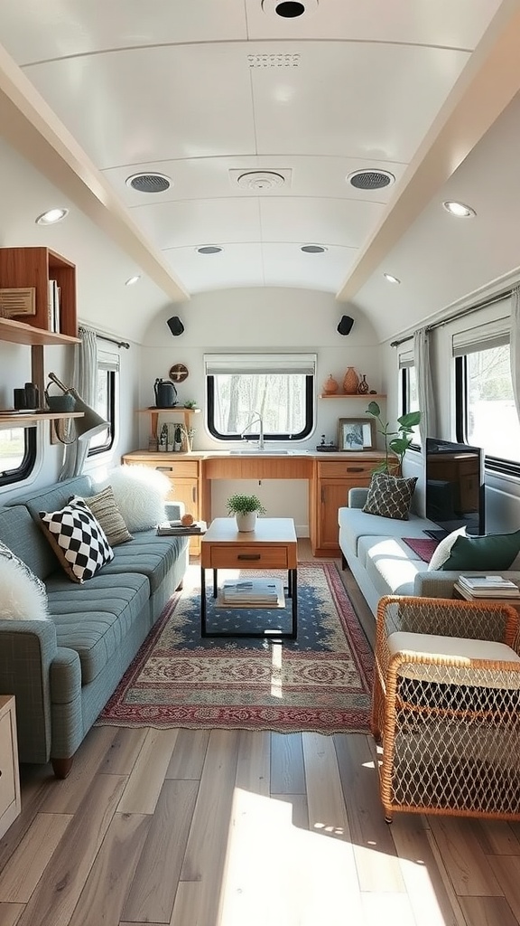 A stylish and cozy trailer house living room featuring a blue sofa, a wicker chair, a coffee table, and bright natural light.