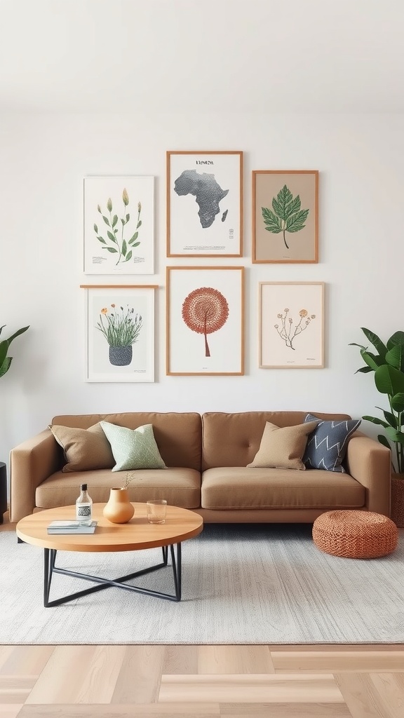 Cozy living room with a sofa and unique wall art depicting nature and a map