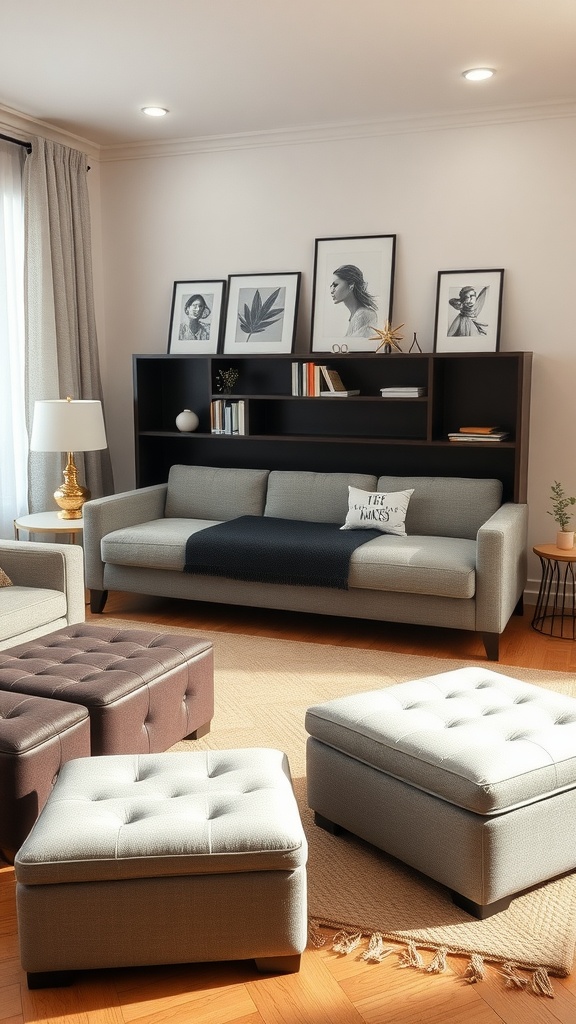 A cozy living room featuring a multi-functional sofa, ottomans, and a bookshelf, demonstrating efficient use of space.