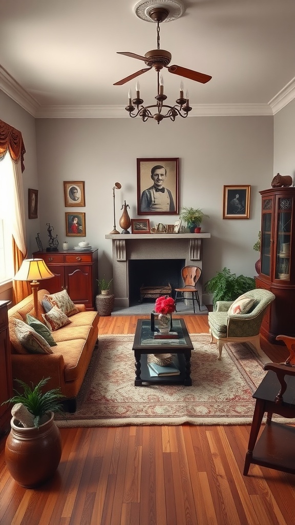 A vintage living room featuring a cozy sofa, wooden furniture, framed portraits, and plants.