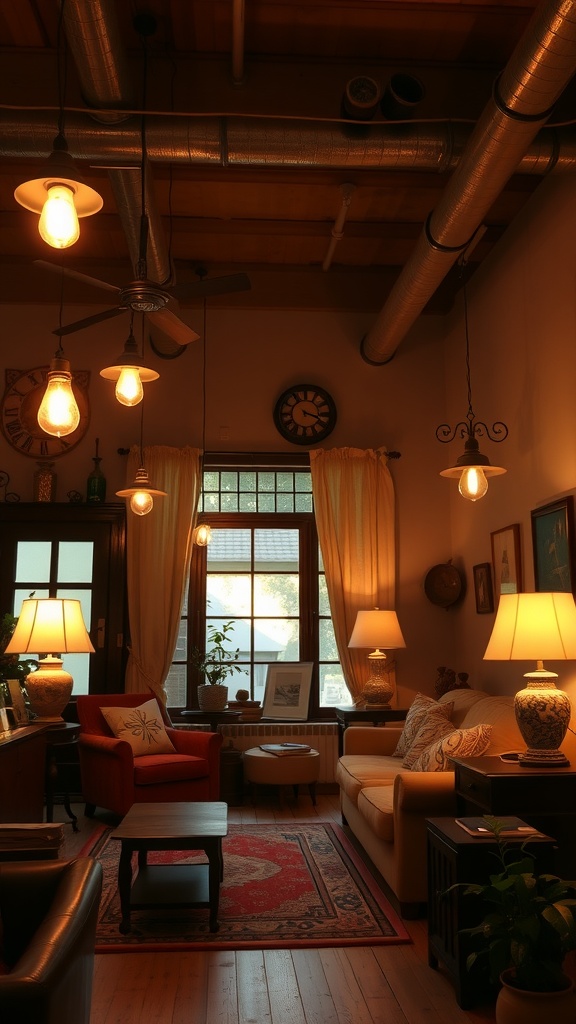 A cozy living room with vintage lighting fixtures, showcasing warm light from hanging and table lamps.