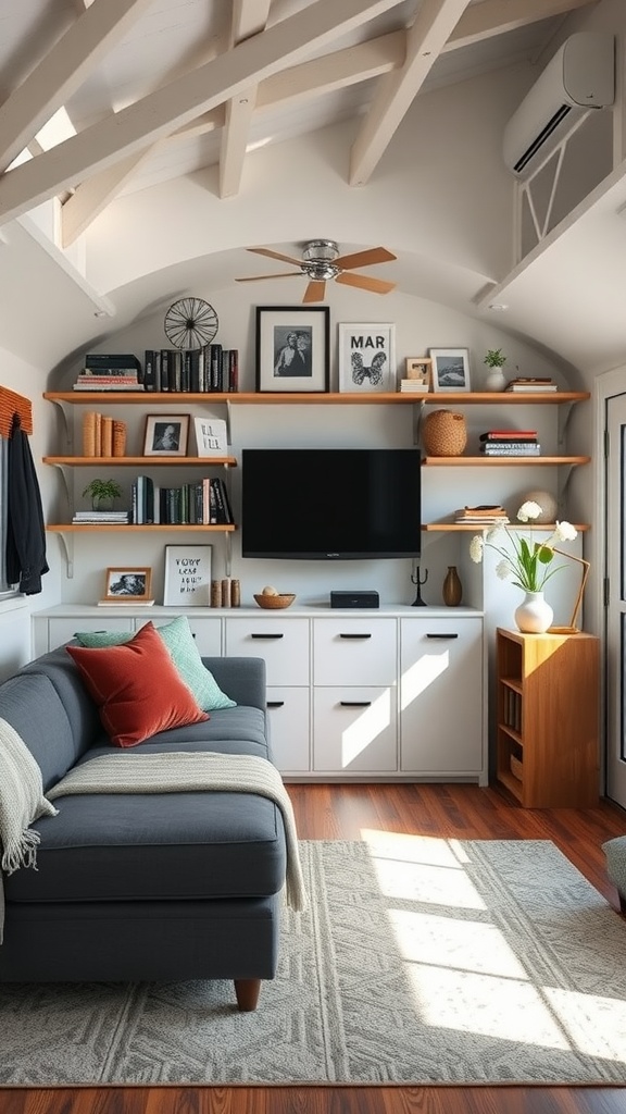 Cozy living room in a trailer house with wall-mounted shelves and modern decor.