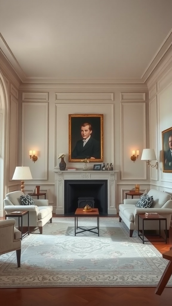 A traditional English living room featuring elegant wall paneling and wainscoting with a fireplace and artwork.