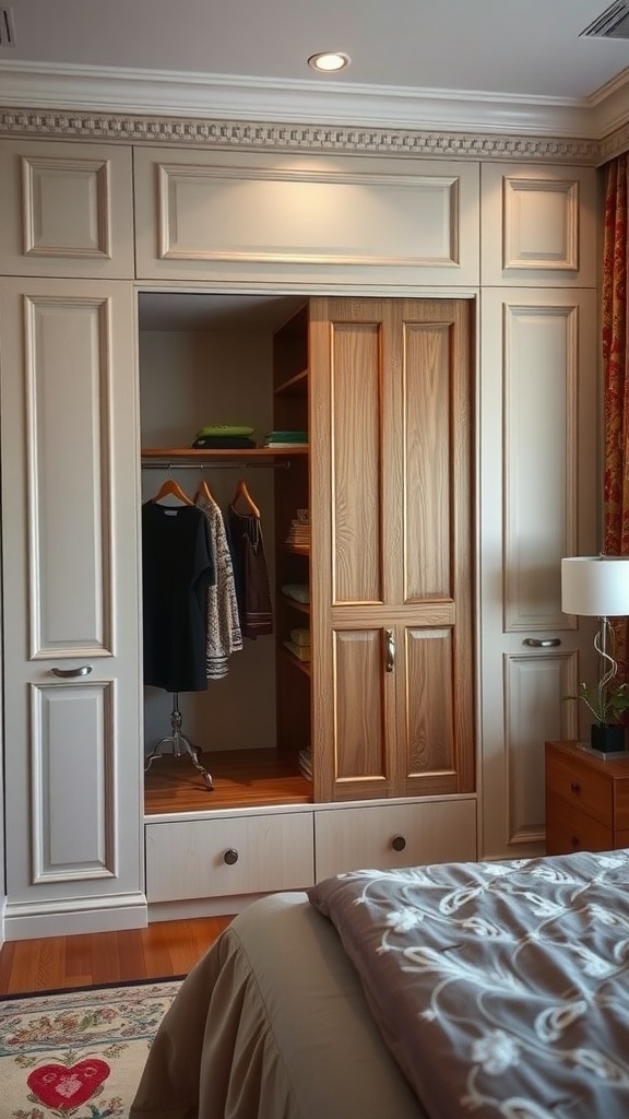 A stylish wardrobe with artistic paneling, featuring open shelves and wooden doors in a cozy bedroom setting.