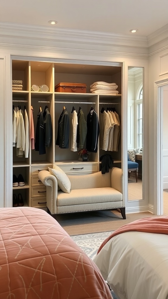 A well-organized wardrobe with a built-in seating area in a stylish bedroom.