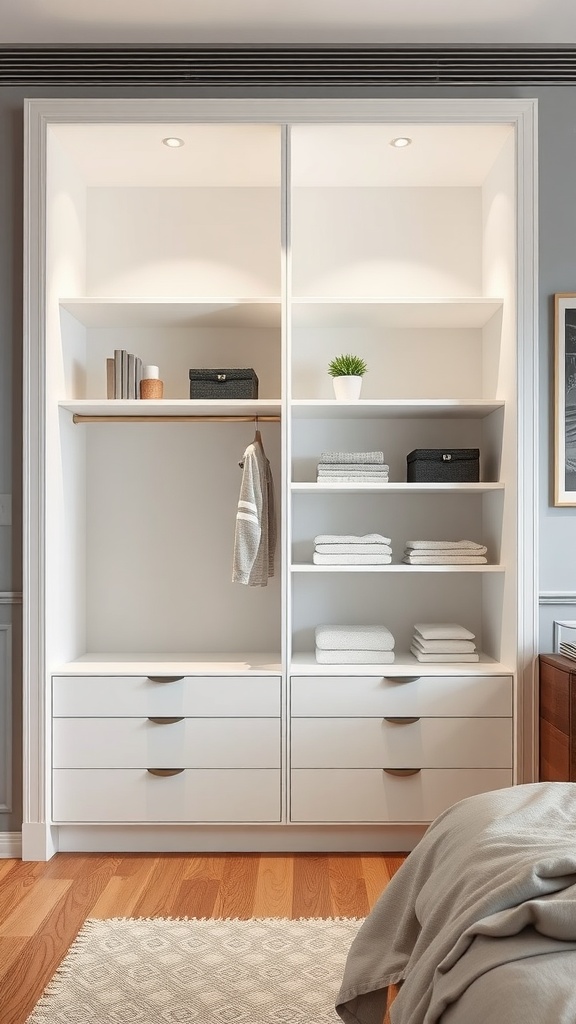 A modern wardrobe with customizable shelving, featuring open shelves and drawers, illuminated with soft lighting.