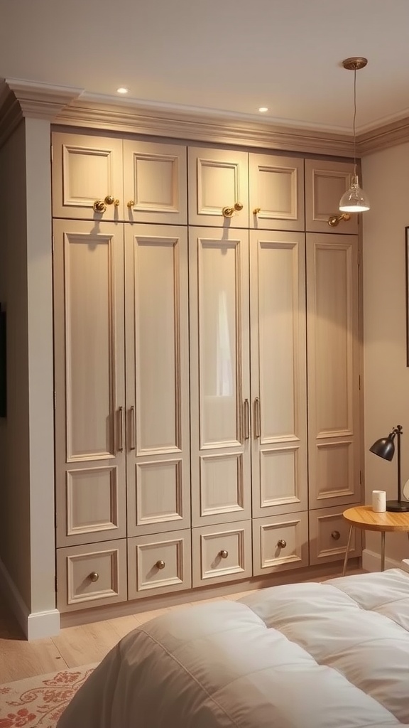 A built-in wardrobe with decorative lighting features, displaying elegant wood finish and warm glow.