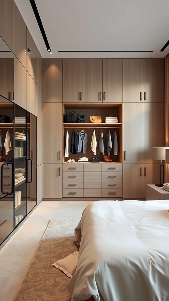 A modern bedroom featuring a floor-to-ceiling wardrobe with wooden finishes and a clean design, complemented by a neatly made bed.