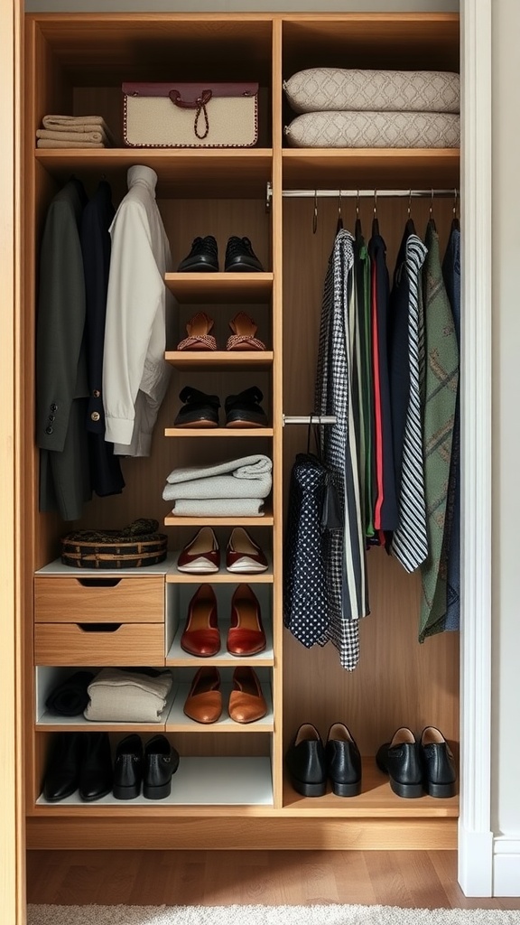 A built-in wardrobe featuring organized shelves, hanging clothes, and neatly arranged shoes, showcasing functional accessories.