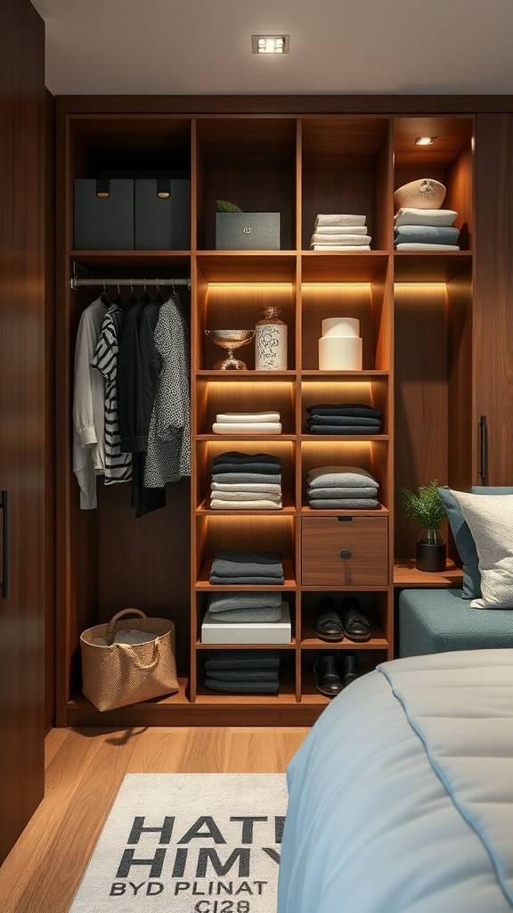 A built-in wardrobe featuring open shelves with neatly folded clothes, storage boxes, and decorative items, showcasing a blend of style and functionality.