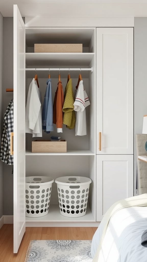 A stylish wardrobe with integrated laundry baskets, showcasing a neat arrangement of clothes and storage.